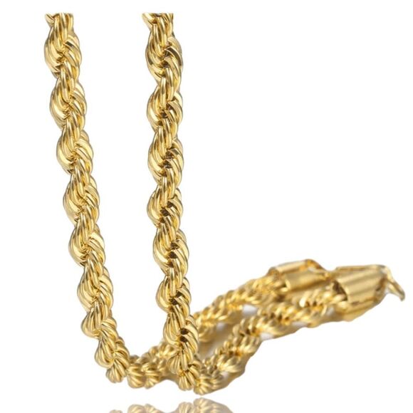 14K Gold Plated 3mm in Width Rope Chain Over Stainless Steel. - Picture 3 of 4